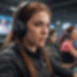 A dynamic female gamer intensely focused on the screen during a competitive match