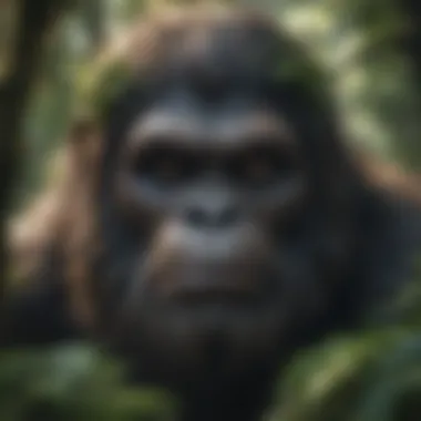 Mystical Gaze of the Sasquatch Enigmatic Sasquatch peering through dense forest foliage