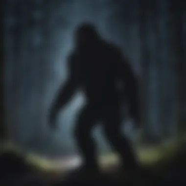 Nocturnal Mystery of the Sasquatch Shadowy silhouette of Sasquatch moving stealthily in the night