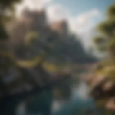 Adventurous Game Landscape An imaginative landscape from an adventure game featuring unique characters.