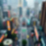 Vibrant City Life in Mobile Gaming Aerial view of a vibrant city bustling with activity in a mobile game