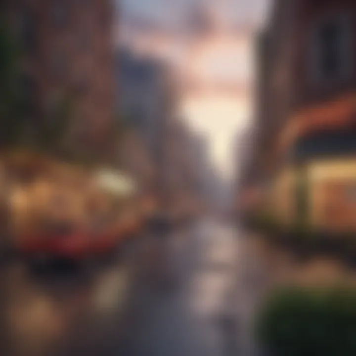 A vibrant landscape of a bustling city in a simulation game.