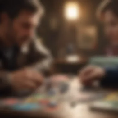 A close-up of a player strategizing their next move in a card game.