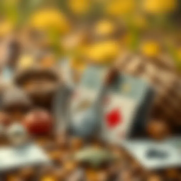 Harvesting Tools and Gameplay Elements An illustration depicting various harvesting tools alongside solitaire cards.