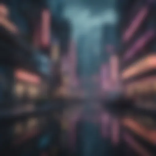 A futuristic cityscape with neon lights reflecting on water