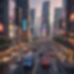 A vibrant screenshot of a mobile management game showcasing a bustling virtual city.