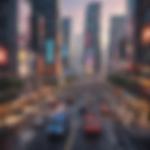 A vibrant screenshot of a mobile management game showcasing a bustling virtual city.