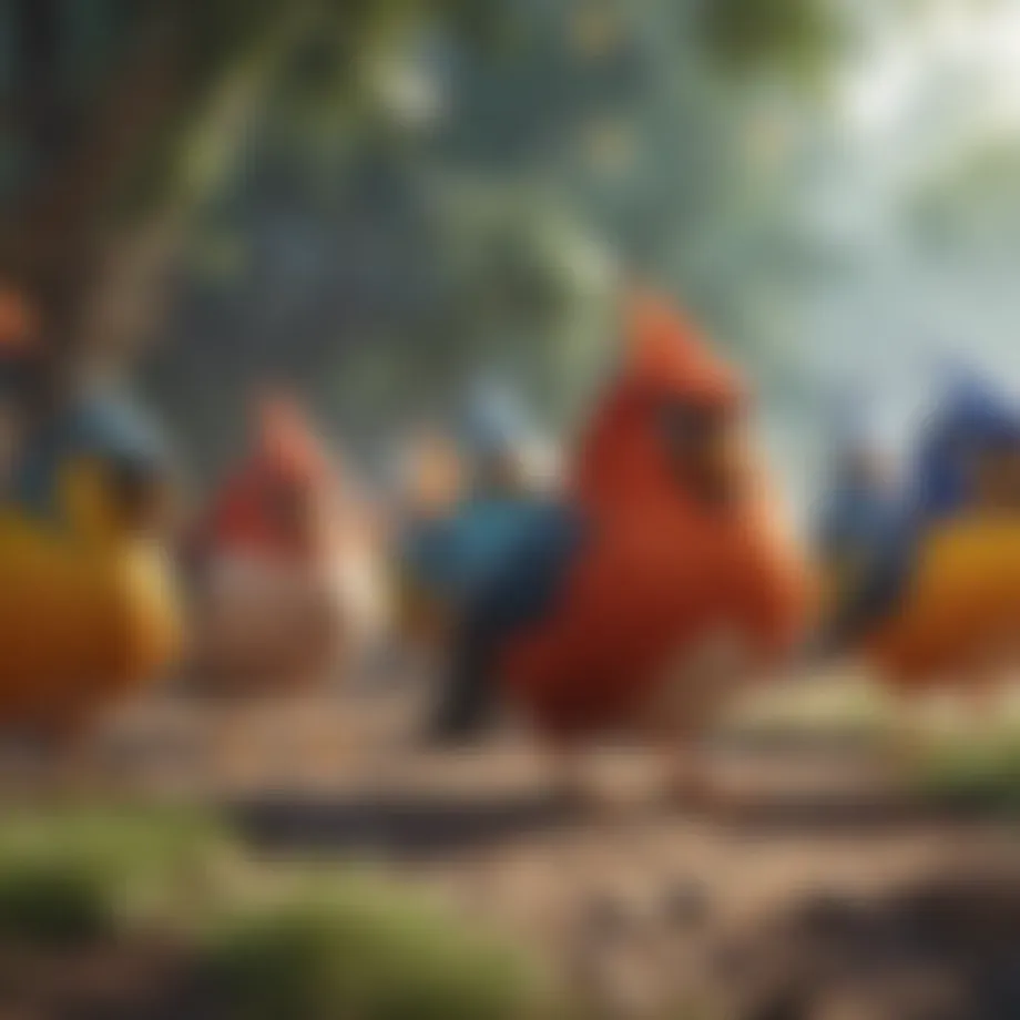 Flock of colorful birds in action