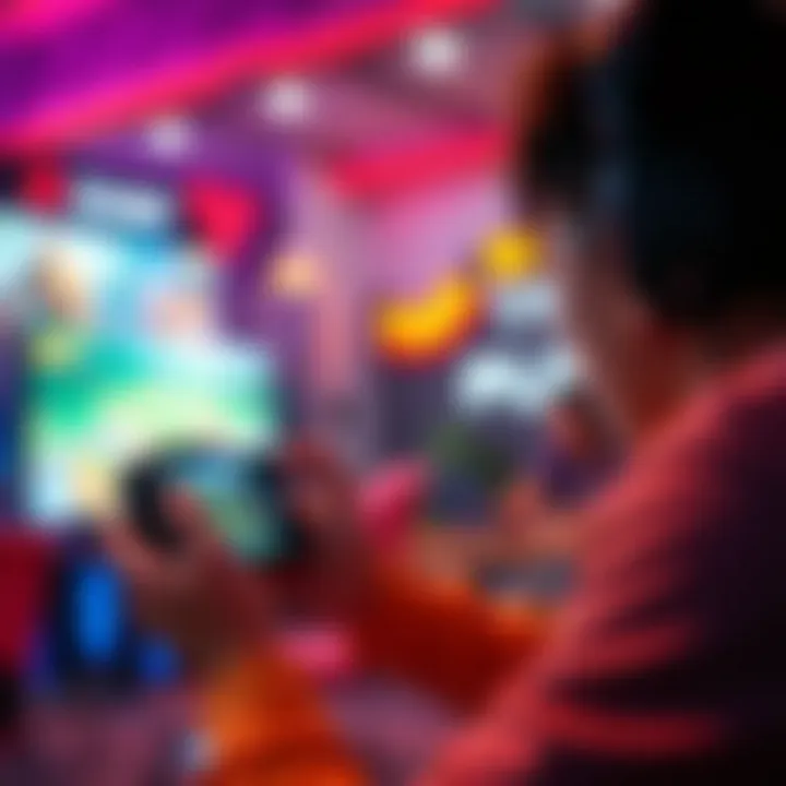 Gamer Immersed in Mobile Gameplay A gamer immersed in a captivating mobile game environment