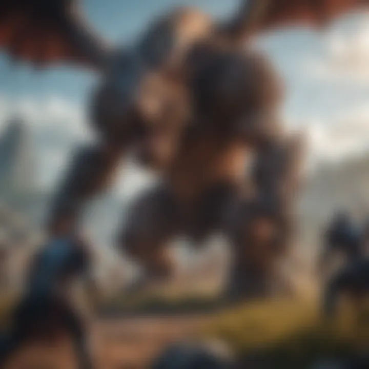 An intense battle scene depicting players engaging with mythical creatures.