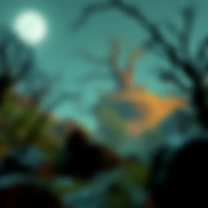 An imaginative landscape within an Apple Arcade zombie game filled with eerie elements