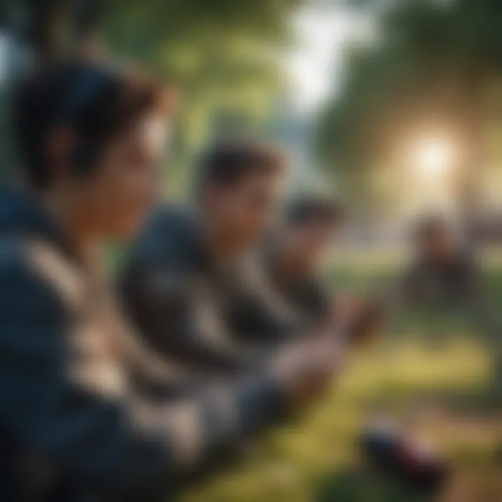 A diverse group of gamers enjoying mobile games in a park, showcasing social interactions.