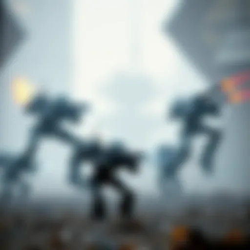 Futuristic Battlefield with Robot Combatants A futuristic battlefield with robot combatants engaging in strategic maneuvers.