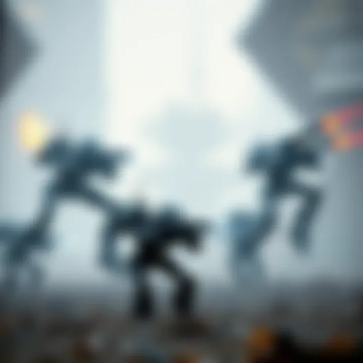 Futuristic Battlefield with Robot Combatants A futuristic battlefield with robot combatants engaging in strategic maneuvers.