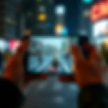 Interactive Gameplay on Mobile Devices A futuristic mobile device displaying a location-based game in action