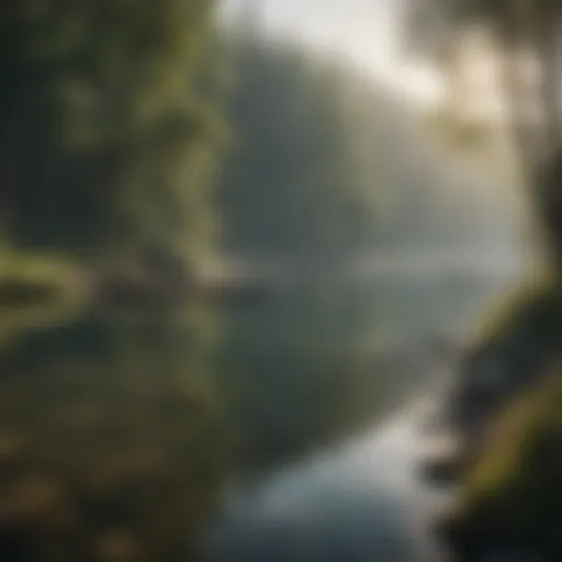 Illustration of a serene lake with a fisherman casting a line