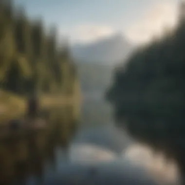 A serene lake scene showcasing flick fishing in action