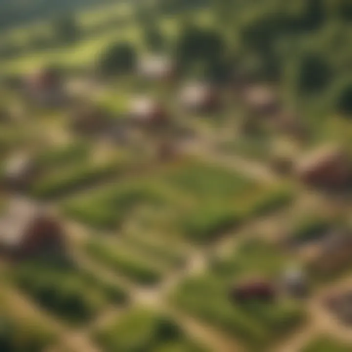 A lush farm landscape showcasing various crops and farm buildings