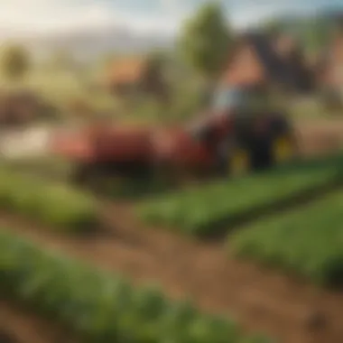 A close-up of a player's farm with diverse crops and animals