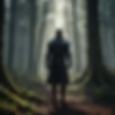 A shadowy figure standing at the edge of a dark forest, symbolizing the complexity of dark heroes.