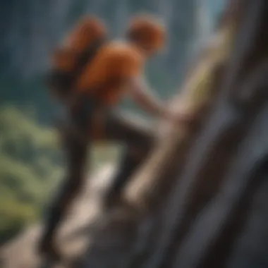 A climber practicing safety measures on a rocky cliff edge