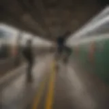 Aerial view of a subway station with skateboarders