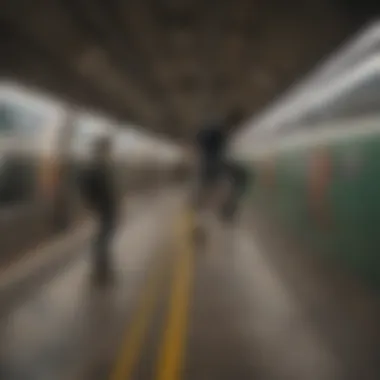 Thrilling Perspectives: Skateboarding in the Subway Station Aerial view of a subway station with skateboarders
