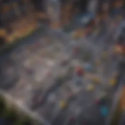 A colorful traffic puzzle layout showcasing various routes and obstacles.