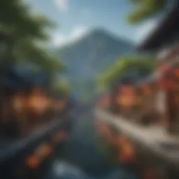 A vibrant landscape showcasing iconic settings from popular Japanese mobile games.