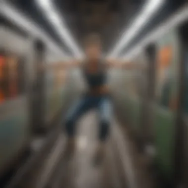 Character performing daring acrobatics on subway train