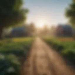 A vibrant farm landscape showcasing various crops and farm structures.